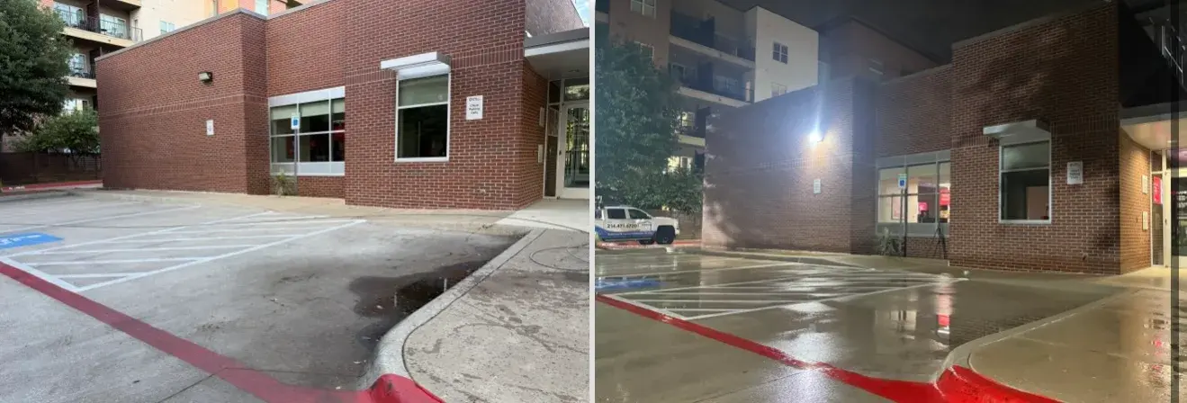 Split view of a brick building's parking lot before and after cleaning, showing stained concrete on the left and wet, clean